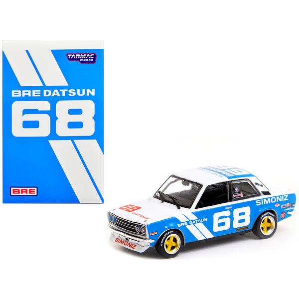 Datsun 510 #68 "BRE" White and Blue "Trans-Am 2.5 Championship" (1972) with METAL OIL CAN 1/64 Diecast Model Car by Tarmac Works