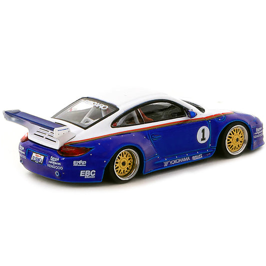 997 Old & New Body Kit #1 Blue Metallic and White with Stripes "Recaro" "Hobby64" Series 1/64 Diecast Model Car by Tarmac Works