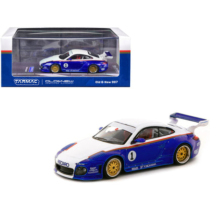 997 Old & New Body Kit #1 Blue Metallic and White with Stripes "Recaro" "Hobby64" Series 1/64 Diecast Model Car by Tarmac Works