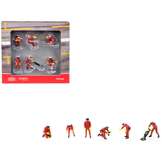 "Pit Crew" with Red Uniform 6 Piece Diecast Figure Set for 1/64 scale models by Tarmac Works & American Diorama