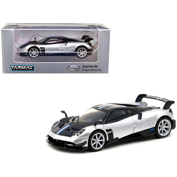 Pagani Huayra BC Grigio Mercurio Silver Metallic and Black with Stripes "Global64" Series 1/64 Diecast Model Car by Tarmac Works