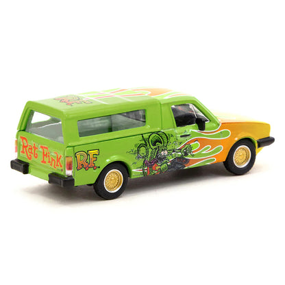 Volkswagen Caddy Pickup Truck with Camper Shell Green with Flames and Graphics "Rat Fink" "Collab64" Series 1/64 Diecast Model Car by Schuco & Tarmac Works