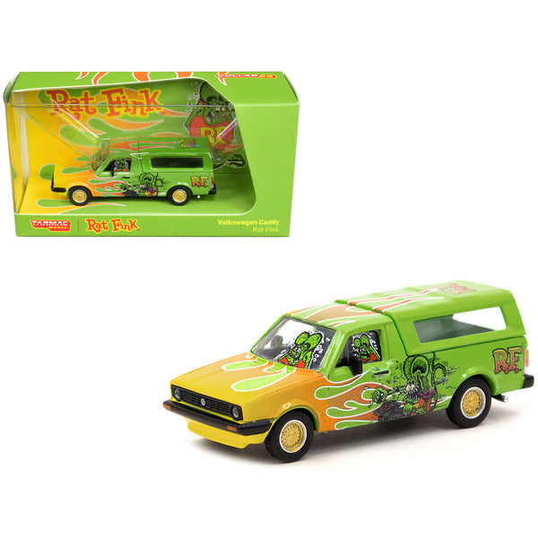 Volkswagen Caddy Pickup Truck with Camper Shell Green with Flames and Graphics "Rat Fink" "Collab64" Series 1/64 Diecast Model Car by Schuco & Tarmac Works