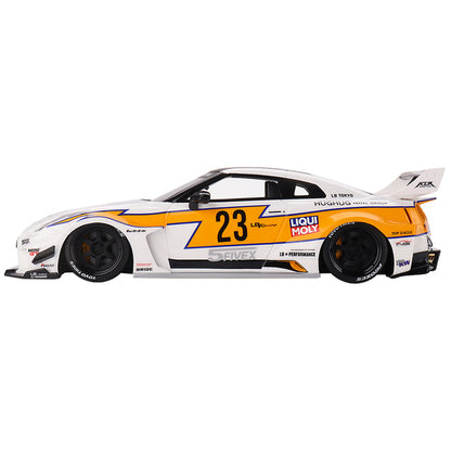 Nissan LB-Silhouette WORKS GT 35GT-RR Ver.1 RHD (Right Hand Drive) #23 White with Yellow Stripes "LB Racing" 1/18 Model Car by Top Speed