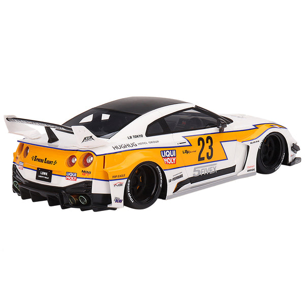 Nissan LB-Silhouette WORKS GT 35GT-RR Ver.1 RHD (Right Hand Drive) #23 White with Yellow Stripes "LB Racing" 1/18 Model Car by Top Speed