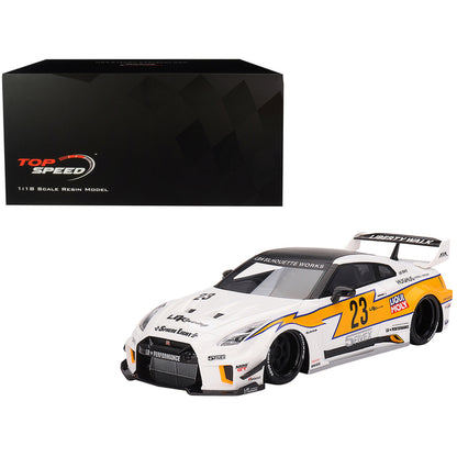 Nissan LB-Silhouette WORKS GT 35GT-RR Ver.1 RHD (Right Hand Drive) #23 White with Yellow Stripes "LB Racing" 1/18 Model Car by Top Speed